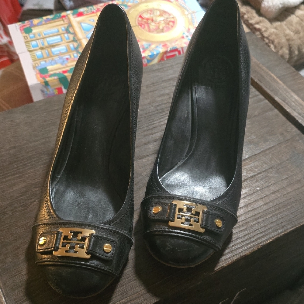 Tory Burch Black Leather Wedges